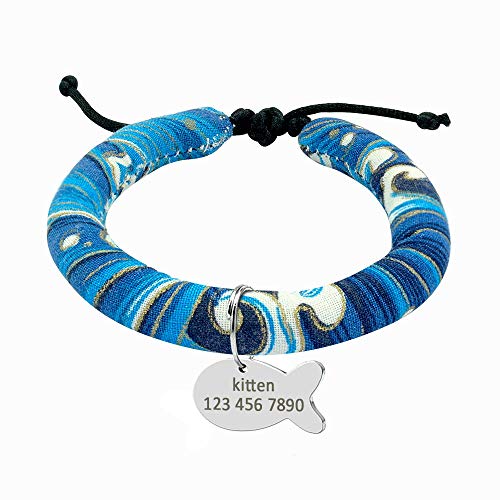 Gulunmun Nylon personalisiertes Katzen-ID-Halsband Nettes Blumen-Katzen-Kätzchenhalsband Graviertes Kätzchenhalsband mit Fisch-ID-Tag XS Haustierzubehör-Blau S. von Gulunmun