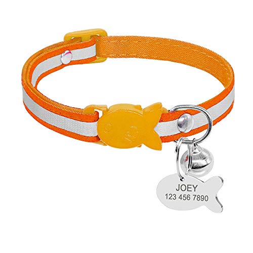 Gulunmun Reflektierendes Nylon-Katzenhalsband Personalisiertes Sicherheits-Katzenhalsband Ausreißgraviertes Kätzchenhalsband mit graviertem Fisch-ID-Tag XS-Orange XS von Gulunmun