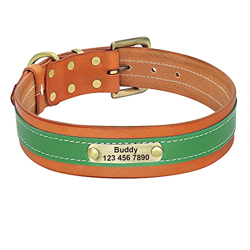 Gulunmun Hundehalsband aus Leder Personalisierte verstellbare Hundehalsbänder Anti-Lost Gravierte Namens-ID-Tag-Halsbänder für mittelgroße große Hunde-Green_XL von Gulunmun