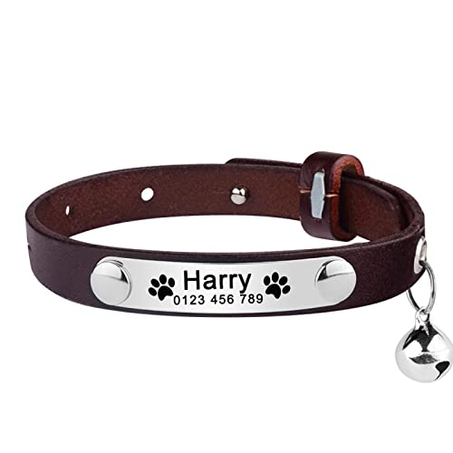 Verstellbares Leder Graviertes Katzenhalsband Benutzerdefinierter Name Haustierprodukte Kleines Großes Katzenhalsband Unisex Katzenzubehör Personalisierte Katzenmarke,Kaffee,S von Gulunmun