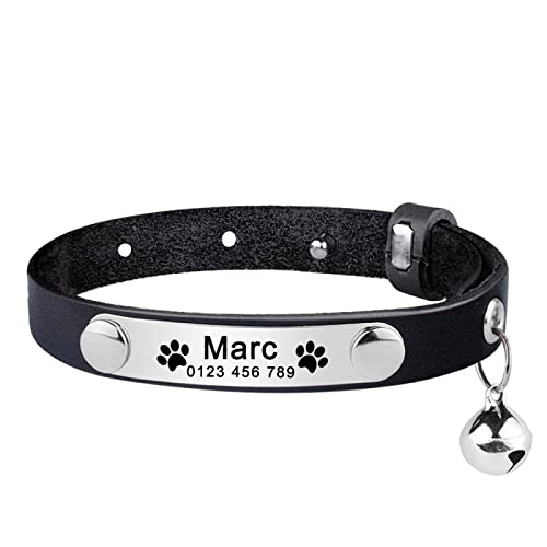 Verstellbares Leder Graviertes Katzenhalsband Benutzerdefinierter Name Haustierprodukte Kleines Großes Katzenhalsband Unisex Katzenzubehör Personalisierte Katzenmarke,Schwarz,S von Gulunmun