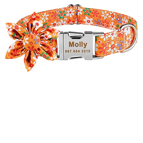 Verstellbares Nylon Plaid Unisex Hundehalsband Individuell graviertes Hundehalsband Personalisiertes Hundehalsband Kleines Großes Produkt Hundehalsband, orange Blume, XS von Gulunmun