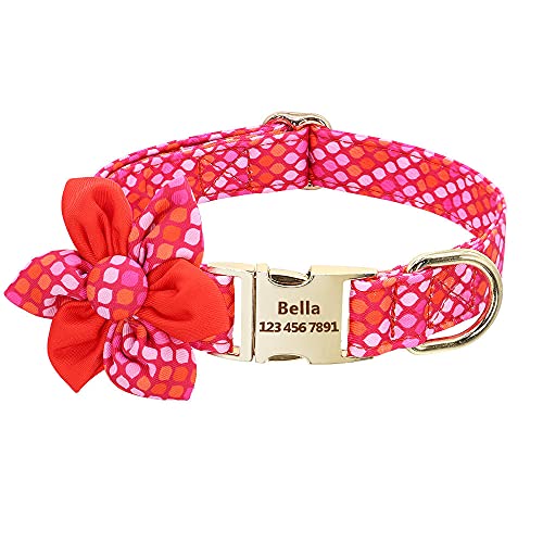 Gulunmun graviertes Hundehalsband Halsband mit Nylon-Print Personalisierte Haustier-ID-Tag-Metallschnalle mit Blume Kleine mittelgroße große Hunde-Red_L von Gulunmun
