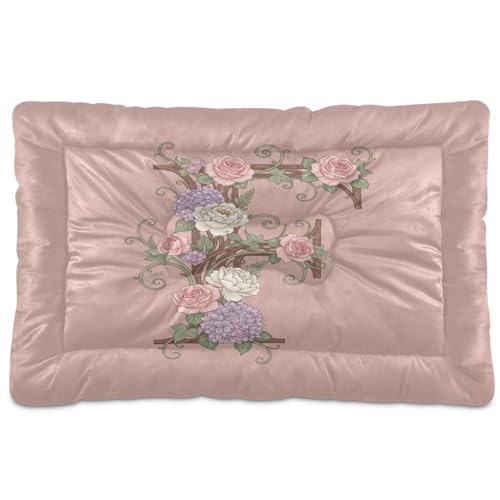 GuoChe Rosy Floral Buchstabe F Art Variation waschbare Haustiermatratze, rutschfest, weich, bequem, für große, mittelgroße und kleine Hunde, 91,4 x 61 cm von GuoChe