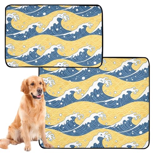 Hundematte für Hunde, waschbar, rutschfeste Matte für Hunde, für Rasen, 61 x 91,4 cm + 91,4 x 106,7 cm, Wellenmuster, Gelb / Blau, 2 Stück von GuoChe