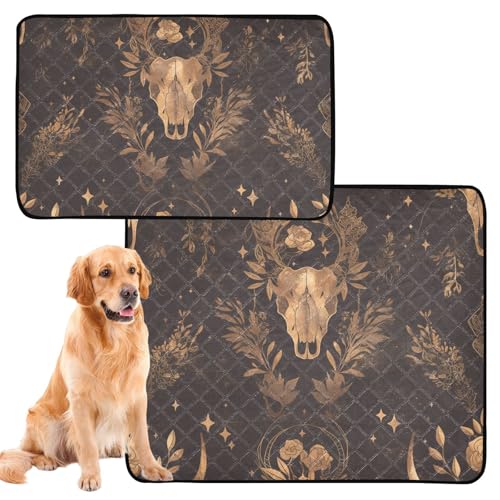 Hundematte für den Innenbereich, waschbar, rutschfeste Matte für Sofa, 61 x 91,4 cm + 91,4 x 106,7 cm, ätherisches Boho-Muster, nahtloses Muster mit rotgoldenem Bullenschädel und Linienkunst-Formen, 2 Hundematte für den Innenbereich, waschbar, rutschfeste Matte für Sofa, 61 x 91,4 cm + 91,4 x 106,7 cm, ätherisches Boho-Muster, nahtloses Muster mit rotgoldenem Bullenschädel und Linienkunst-Formen, 2 von GuoChe
