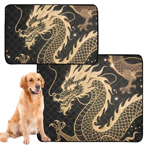 Hundematten für den Innenbereich, waschbar, rutschfest, für Reisen, 50,8 x 61 cm, goldener Drache, schwarzer Hintergrund, 3 Stück von GuoChe