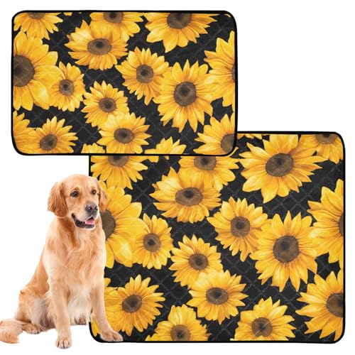 Wasserabsorbierende Matte für Hundenapf, waschbar, rutschfeste Bodenmatte für den Außenbereich, 50,8 x 61 cm, gelbe Sonnenblumen auf schwarzem Hintergrund, 3 Stück von GuoChe