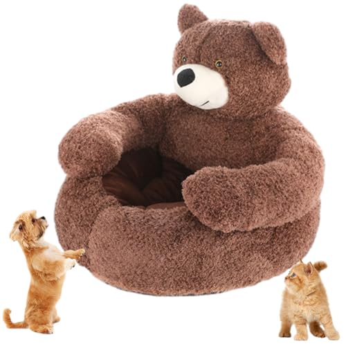 Guqkl Teddybär-Hundebett, Gemütliches, Flauschiges Plüsch-Katzensofabett Mit Armlehnen, Rutschfestes Abnehmbares Warmes Kuschelbett für Katzen und Hunde (Braun, L: 75 x 75 x 48 cm) von Guqkl