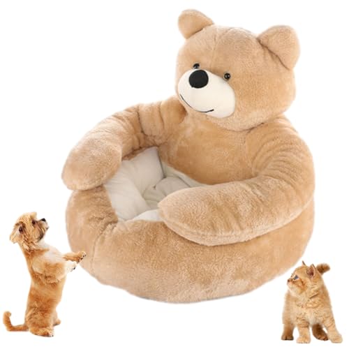 Guqkl Teddybär-Hundebett, Gemütliches, Flauschiges Plüsch-Katzensofabett Mit Armlehnen, Rutschfestes Abnehmbares Warmes Kuschelbett für Katzen und Hunde (Khaki, L: 75 x 75 x 48 cm) von Guqkl