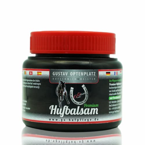 Gustav Optenplatz Premium Hufbalsam für Pferde, GO! Pferdepflege für gesundes Hufwachstum, Huffett für die tägliche Hufpflege, Hufsalbe & Huffestiger gegen trockene rissige Hufe, Anti-Doping (250ml) von Gustav Optenplatz