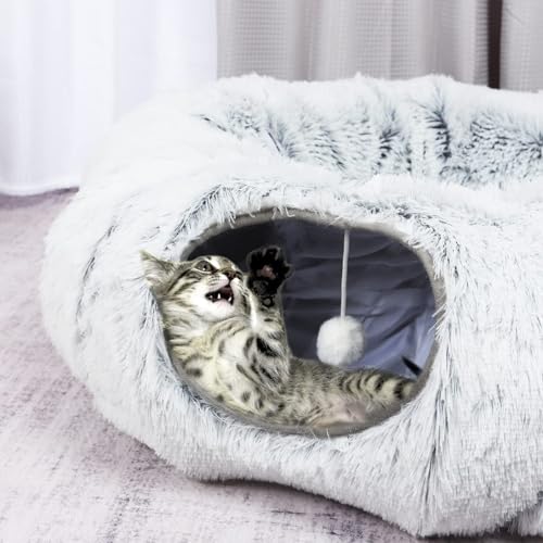 Guuluu Bequemes Plüsch-Katzentunnelbett mit waschbarer Katzenkissenmatte, Faltbarer Tunnelschlauch mit Ballspielzeug und Türlöchern für drinnen Katze Kätzchen (Plüschgrau) von Guuluu