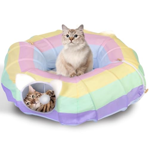 GUULUU Katzentunnelbett für Indoor-Katzen; Regenbogen-Katzenbett mit faltbarem Donut-Tunnel und waschbarer Matte; Peekaboo Katzenhöhle mit Röhren und Tunneln, hängenden Bällen und Gucklöchern für von Guuluu