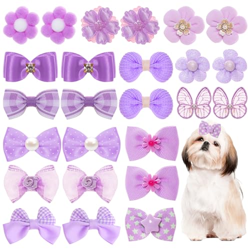 Haarschleifen für kleine Hunde, niedlich, mit Gummibändern, elastische Spitze, Strass, Perlen, Haargummis, gemischter Stil, handgefertigt, Blumenschleife, Hund, Katze, Lila, frisches Muster, 20 Stück Haarschleifen für kleine Hunde, niedlich, mit Gummibändern, elastische Spitze, Strass, Perlen, Haargummis, gemischter Stil, handgefertigt, Blumenschleife, Hund, Katze, Lila, frisches Muster, 20 Stück von Gvhntk