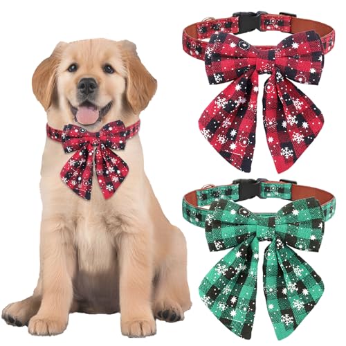 Weihnachts-Hundehalsband, Weihnachtsmotiv, mit Schneeflocken-Fliege, klassisches Karomuster, Rot, Grün, Winter-Hundehalsband, verstellbar, abnehmbar, für kleine, große Hunde, Haustiere, 2 Stück Weihnachts-Hundehalsband, Weihnachtsmotiv, mit Schneeflocken-Fliege, klassisches Karomuster, Rot, Grün, Winter-Hundehalsband, verstellbar, abnehmbar, für kleine, große Hunde, Haustiere, 2 Stück von Gvhntk