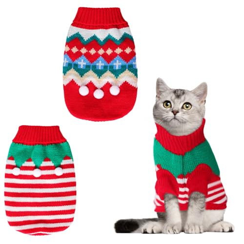 Weihnachtspullover für Welpen, Winter, Strickwaren, Weihnachtselfen-Kostüm, warme Kleidung für Katzen, Kätzchen, Welpen, 2 Stück Weihnachtspullover für Welpen, Winter, Strickwaren, Weihnachtselfen-Kostüm, warme Kleidung für Katzen, Kätzchen, Welpen, 2 Stück von Gvhntk