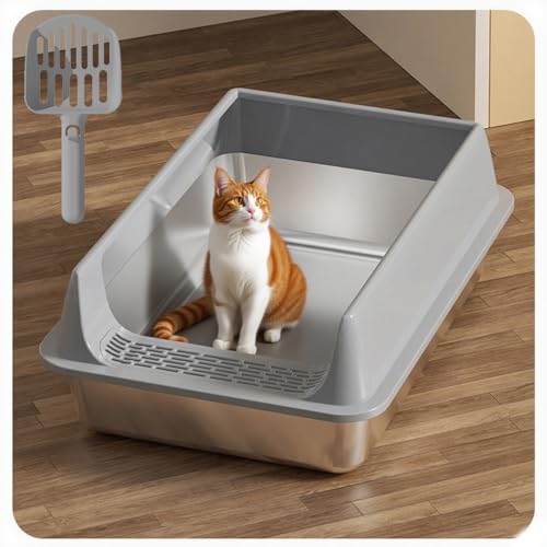Katzenklo Edelstahl XXL mit Deckel – Geruchsabweisend, Auslaufsicher, Leicht zu Reinigen – Katzenklo mit Hohem Rand & Siebschaufel (Grau, Mittel) von Gyagalre