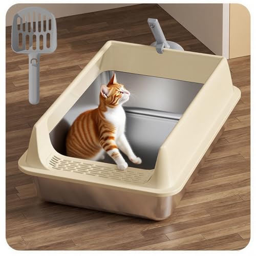 Katzenklo Edelstahl XXL mit Deckel – Geruchsabweisend, Auslaufsicher, Leicht zu Reinigen – Katzenklo mit Hohem Rand & Siebschaufel (Khaki, Mittel) von Gyagalre