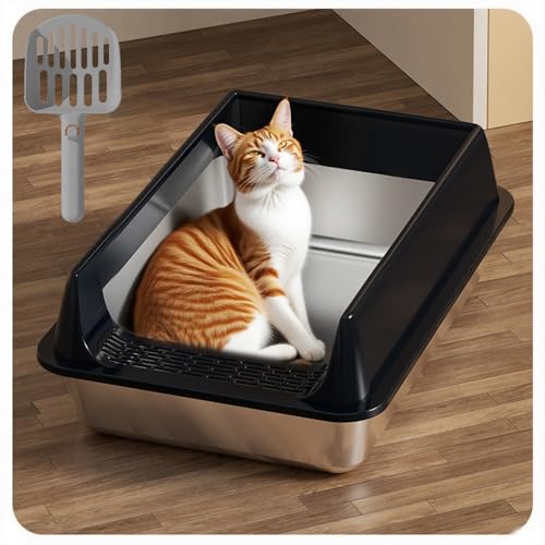 Katzenklo Edelstahl XXL mit Deckel – Geruchsabweisend, Auslaufsicher, Leicht zu Reinigen – Katzenklo mit Hohem Rand & Siebschaufel (Schwarz, Mittel) von Gyagalre