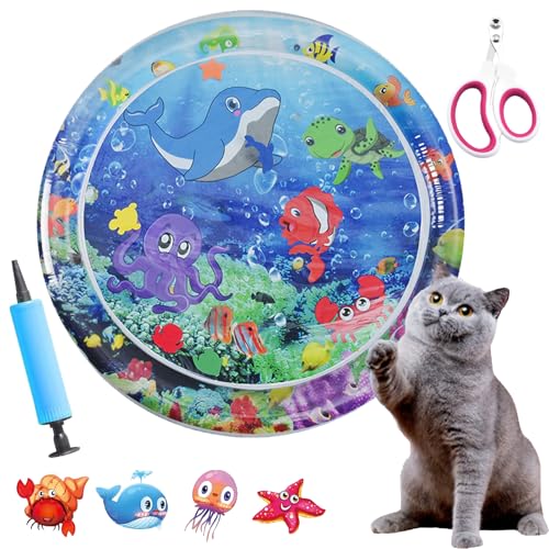 Katzenkühlmatte, Pfotenfrost Matte Wasserspielmatte Für Katzen Mit Schwimmendem Fischspielzeug, Langlebiges, Kratzfestes, Wasserbett Für Haustiere Im Innen- Und Außenbereich (Runde A, 100*100 cm) von Gyagalre