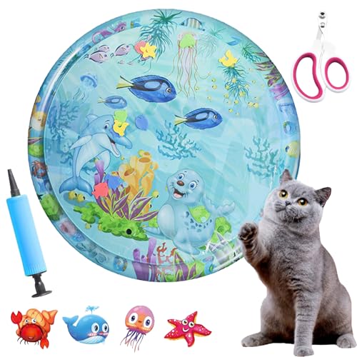 Katzenkühlmatte, Pfotenfrost Matte Wasserspielmatte Für Katzen Mit Schwimmendem Fischspielzeug, Langlebiges, Kratzfestes, Wasserbett Für Haustiere Im Innen- Und Außenbereich (Runde C, 100*100 cm) von Gyagalre