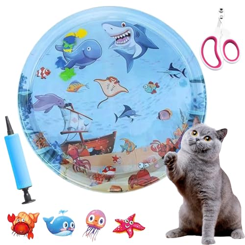 Katzenkühlmatte, Pfotenfrost Matte Wasserspielmatte Für Katzen Mit Schwimmendem Fischspielzeug, Langlebiges, Kratzfestes, Wasserbett Für Haustiere Im Innen- Und Außenbereich (Runde D, 100*100 cm) von Gyagalre