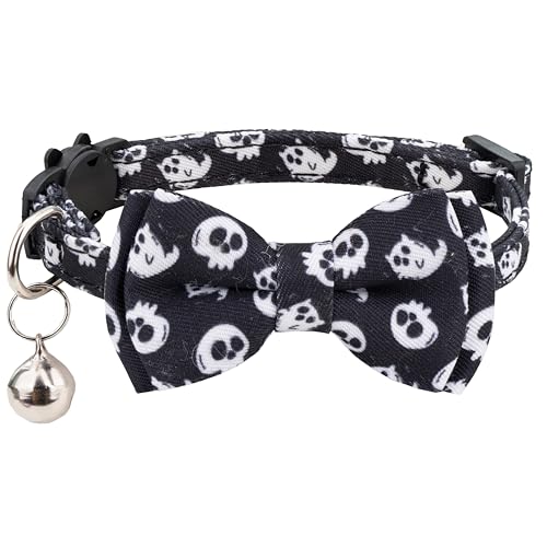 Gyapet Halloween-Katzenhalsband, Fliege, Glöckchen, abnehmbar, Sicherheitskürbis, Geist, Fledermaus, Totenkopf, festlich, kühl, Herbst, 17,8–27,9 cm, für Jungen und Mädchen, 1 Stück, Totenkopf B von Gyapet