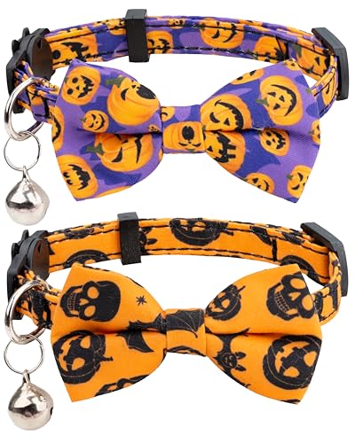 Gyapet Halloween-Katzenhalsband-Set, 2-teilig, Kürbis, Geist, Eule, Mond, Orange, Glocke, Schleife, Bandana, Sicherheit, Kätzchen, Herbst [2 × Schleifen], Halloween B von Gyapet