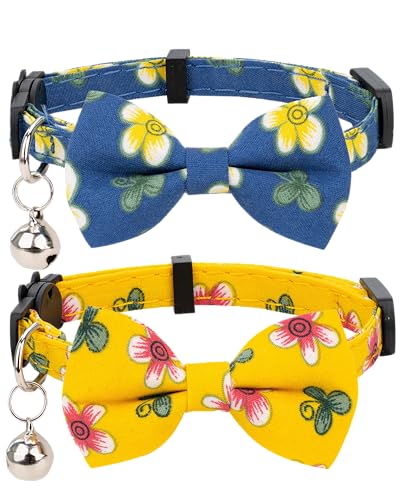Gyapet Halsband für Katzen, Haustiere, mit Glöckchen, Fliege, abnehmbare Schleife, verstellbar, Sicherheit, Kätzchen, Welpen, Mädchen, Jungen, 2 Stück, Blume, Blau und Gelb von Gyapet