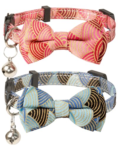 Gyapet Halsband für Katzen und Haustiere, mit Glocke, Fliege, Blumen-Schleife, abnehmbar, verstellbar, Vintage-Blau und Rosa, 2 Stück von Gyapet