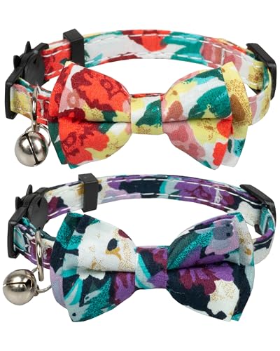 Gyapet Halsband für Katzen und Haustiere, mit Glöckchen, Fliege, abnehmbar, verstellbar, Sicherheits-Welpen, Ölgemälde, Gelb und Violett, 2 Stück von Gyapet