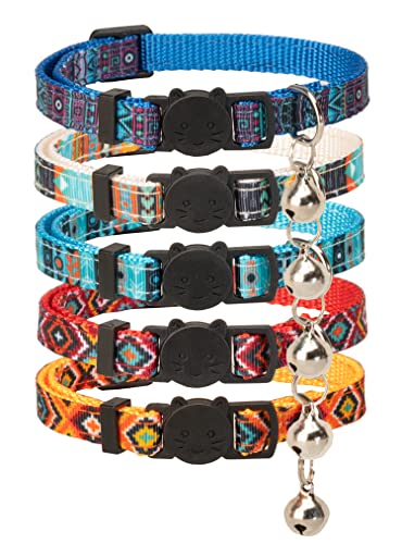 Gyapet Katzenhalsbänder, Sicherheitsschnalle mit Glöckchen, verstellbar, Aztekenmuster, Tribal, Bohemia, 5 Stück, verschiedene Farben von Gyapet