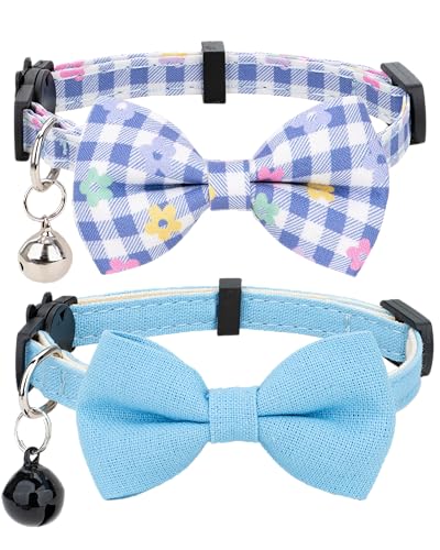 Gyapet Katzenhalsband, 2-teiliges Set, Fliege, Glocke, kariert, Blume, einfarbig, niedlich, 17,8–27,9 cm, für Katzen, Kätzchen, Haustiersicherheit, Mädchen, Jungen, B [kariert und einfarbig], Blau von Gyapet
