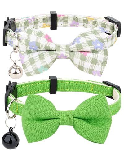 Gyapet Katzenhalsband, 2-teiliges Set, Fliege, Glocke, kariert, Blume, einfarbig, niedlich, 17,8–27,9 cm, für Katzen, Kätzchen, Haustiersicherheit, Mädchen, Jungen, B [kariert und einfarbig], Grün von Gyapet