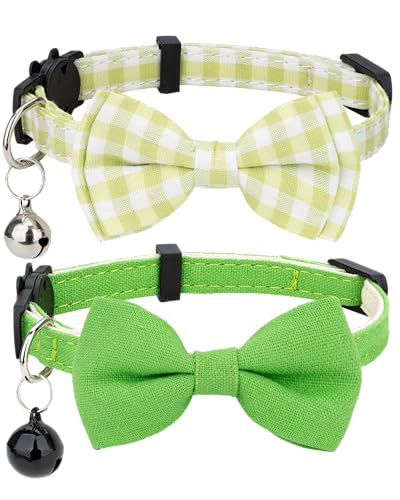 Gyapet Katzenhalsband, 2-teiliges Set, einfarbig, kariert, gepunktet mit Glöckchen, Fliege, Sicherheit für Kätzchen, kleine Haustiere, 2 Stück [einfarbig und kariert], Grün von Gyapet
