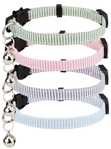 Gyapet Katzenhalsband, 4 Packungen, Sicherheitsverschluss, Schnalle, Glocke, Kätzchen, 17,8–27,9 cm, Mädchen, Jungen, verstellbar, niedlich, Nadelstreifen von Gyapet