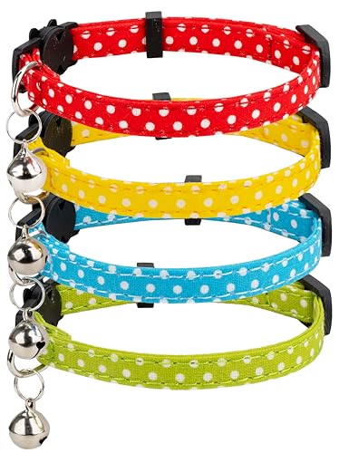 Gyapet Katzenhalsband, 4 Packungen, Sicherheitsverschluss, Schnalle, Glocke, Kätzchen, 17,8–27,9 cm, Mädchen, Jungen, verstellbar, niedlich, gepunktet, 4 Stück von Gyapet