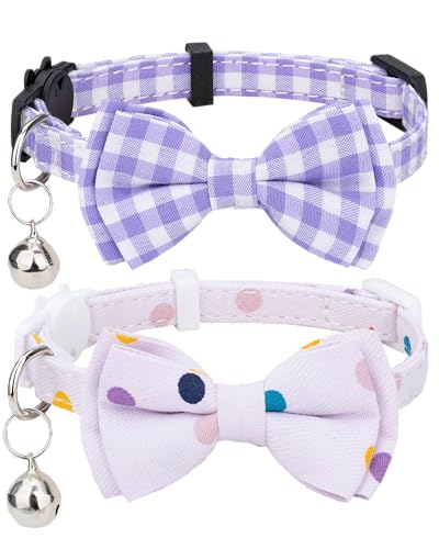 Gyapet Katzenhalsband, Sicherheitsband, Blumenmuster mit Glöckchen, Fliege, verstellbar, für Kätzchen, Welpen, 2 Stück, Violett von Gyapet