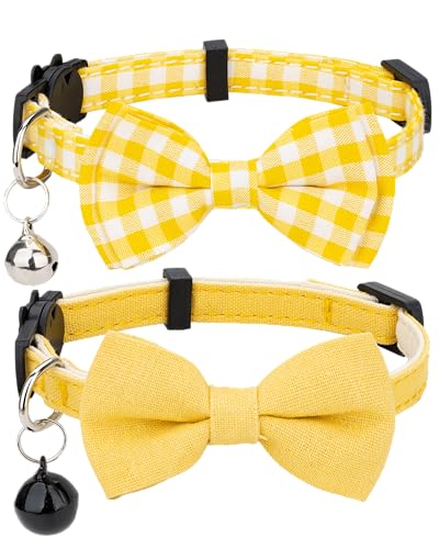 Gyapet Katzenhalsband, Sicherheitsband, Blumenmuster mit Glöckchen, Fliege, verstellbar, für Kätzchen, Welpen, 2 Stück, einfarbig und kariert, Gelb von Gyapet