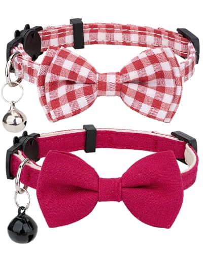 Gyapet Katzenhalsband, Sicherheitsband, Blumenmuster mit Glöckchen, Fliege, verstellbar, für Kätzchen, Welpen, 2 Stück, einfarbig und kariert, Rot von Gyapet