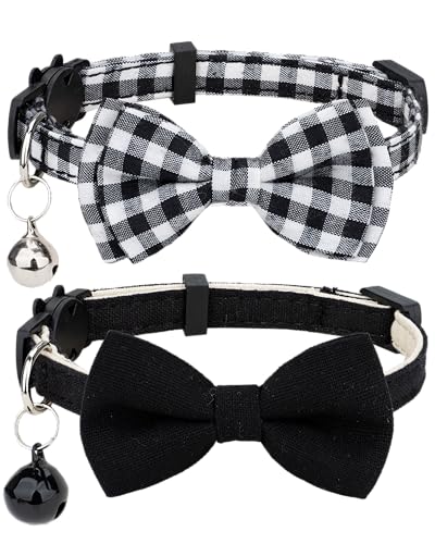 Gyapet Katzenhalsband, Sicherheitsband, Blumenmuster mit Glöckchen, Fliege, verstellbar, für Kätzchen, Welpen, 2 Stück, einfarbig und kariert, Schwarz von Gyapet