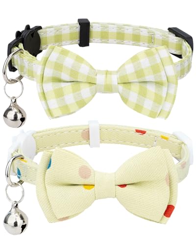 Gyapet Katzenhalsband, Sicherheitsband, Blumenmuster mit Glöckchen, Fliege, verstellbar, für Kätzchen, Welpen, 2 Stück, gepunktet und kariert, Grün von Gyapet