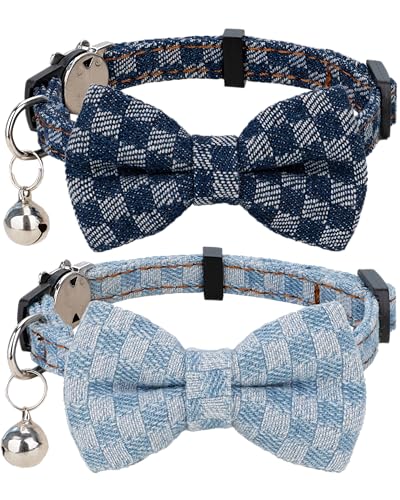 Gyapet Katzenhalsband, Sicherheitsfliege, Sicherheit mit Glöckchen, verstellbar, für Kätzchen, Welpen, einfarbig, kariert, 2 Stück, Denim von Gyapet