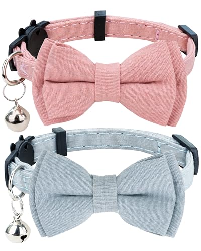Gyapet Katzenhalsband, Sicherheitsfliege, mit Glöckchen, verstellbar, für Kätzchen, Welpen, einfarbig, kariert, 2 Stück, Rosa und Blaugrau von Gyapet