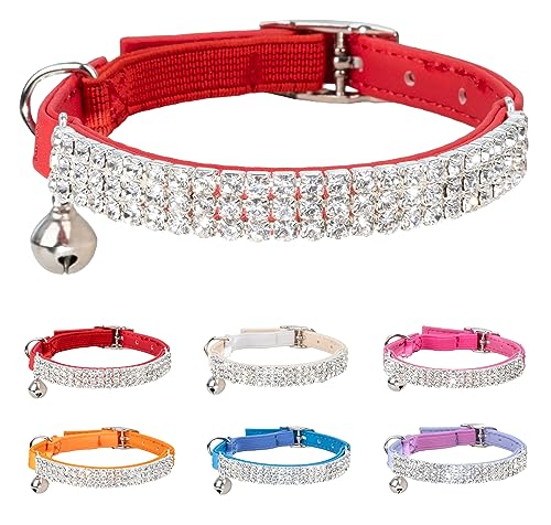 Gyapet Katzenhalsband, Strassschmuck, PU-Leder, Wildleder, elastisches Band, Kätzchen, Welpen, glänzend, glitzernd, glitzernd, Glöckchen, Haustier, Chihuahua, Teetasse [PU], Rot von Gyapet
