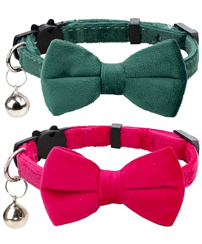 Gyapet Katzenhalsband, weicher Samt mit Fliege, Glöckchen, Sicherheitsverschluss, für Jungen, Mädchen, Kätzchen, einfache Farben, für Männer und Frauen, 2 Stück, Rosarot und Dunkelgrün von Gyapet