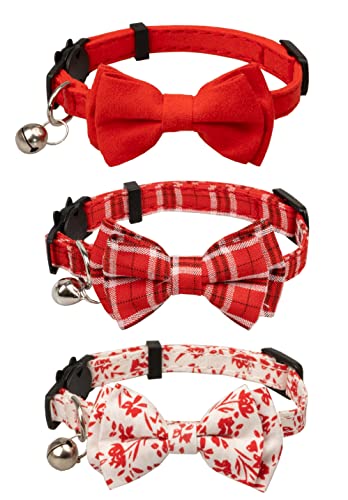 Gyapet Katzenhalsband-Set, rot, 3-teilig, Leopardenmuster, einfarbig, mit Fliege, Glocke, Sicherheit, Kätzchen, männlich, weiblich, Katzen, Kätzchen, Haustier [3 Stück], Rot von Gyapet