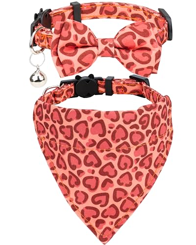 Gyapet Katzenhalsband-Set mit Fliege, Bandana, Glöckchen, abnehmbar, rosa, niedliches Herzmuster, Sicherheit für Kätzchen, Katzen, kleine Haustiere [Schleife + Bandana], rote Herzen von Gyapet