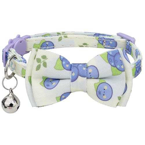 Gyapet Katzenhalsband mit Fliege, abnehmbare Glöckchen-Sicherheitsschnalle, einfarbig, Obstmuster, Kätzchen, kleines Haustier, 17,8–27,9 cm, 1 Stück, Obst-Blaubeere von Gyapet