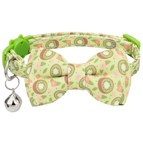 Gyapet Katzenhalsband mit Fliege, abnehmbare Glöckchen-Sicherheitsschnalle, einfarbig, Obstmuster, Kätzchen, kleines Haustier, 17,8–27,9 cm, 1 Stück, Obst-Kiwi von Gyapet